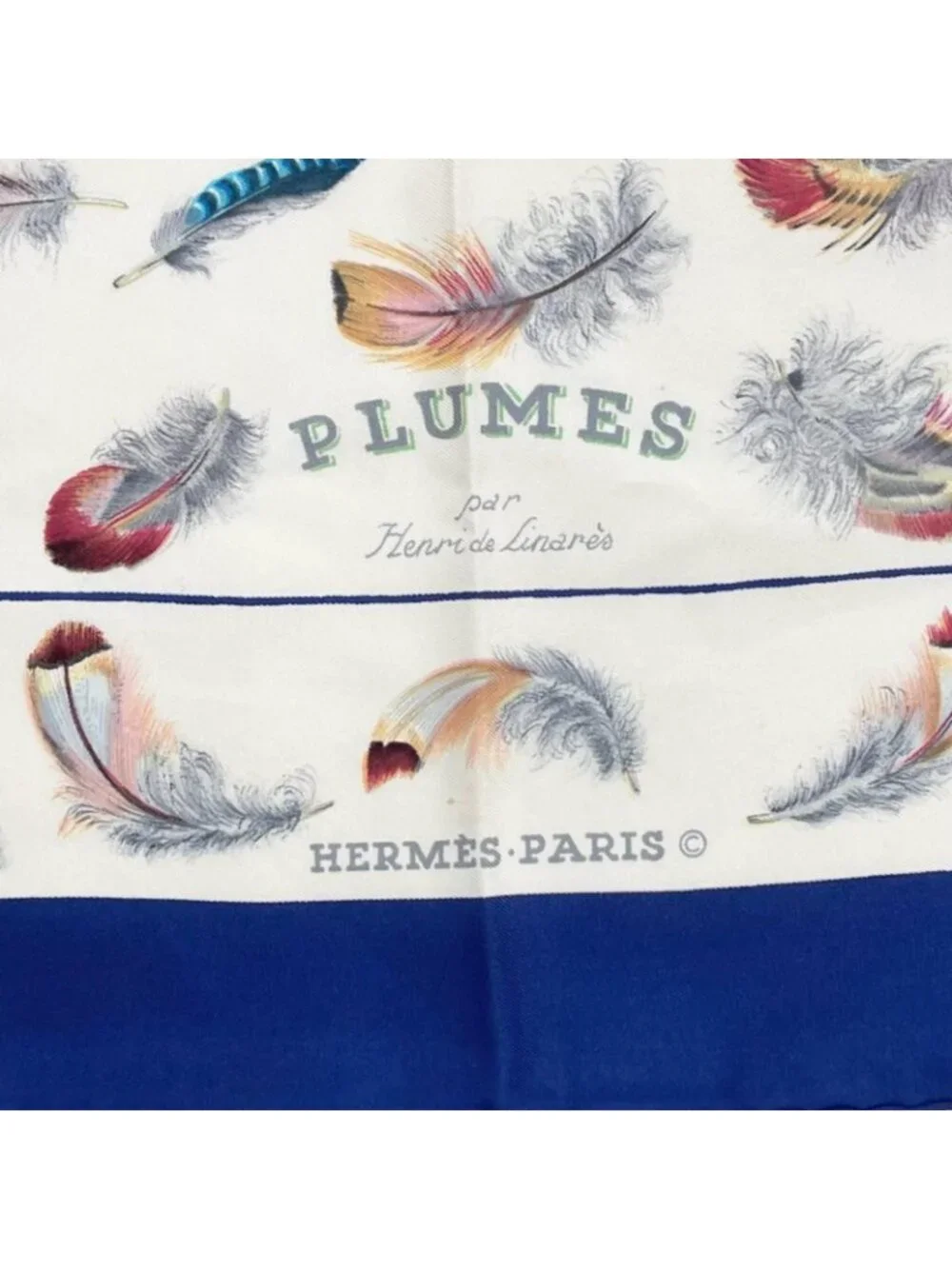 Hermes Carre 90 Plumes Scarf Silk Blue Feather Pattern